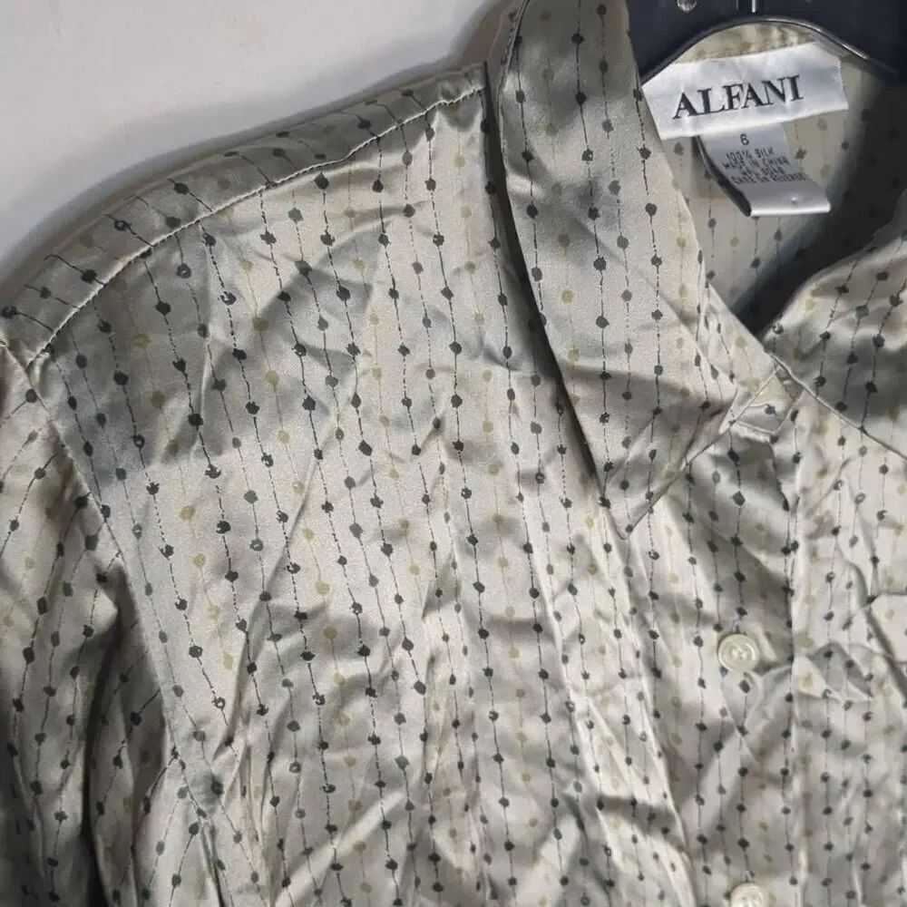 Vintage Alfani Green Gray Polka Dot Green 100% Silk Button Front Women's Small 6
